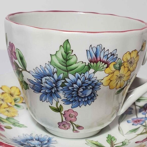 Spode Teacup and Saucer Romany Pink Blue Yellow Flowers - Picture 3 of 7